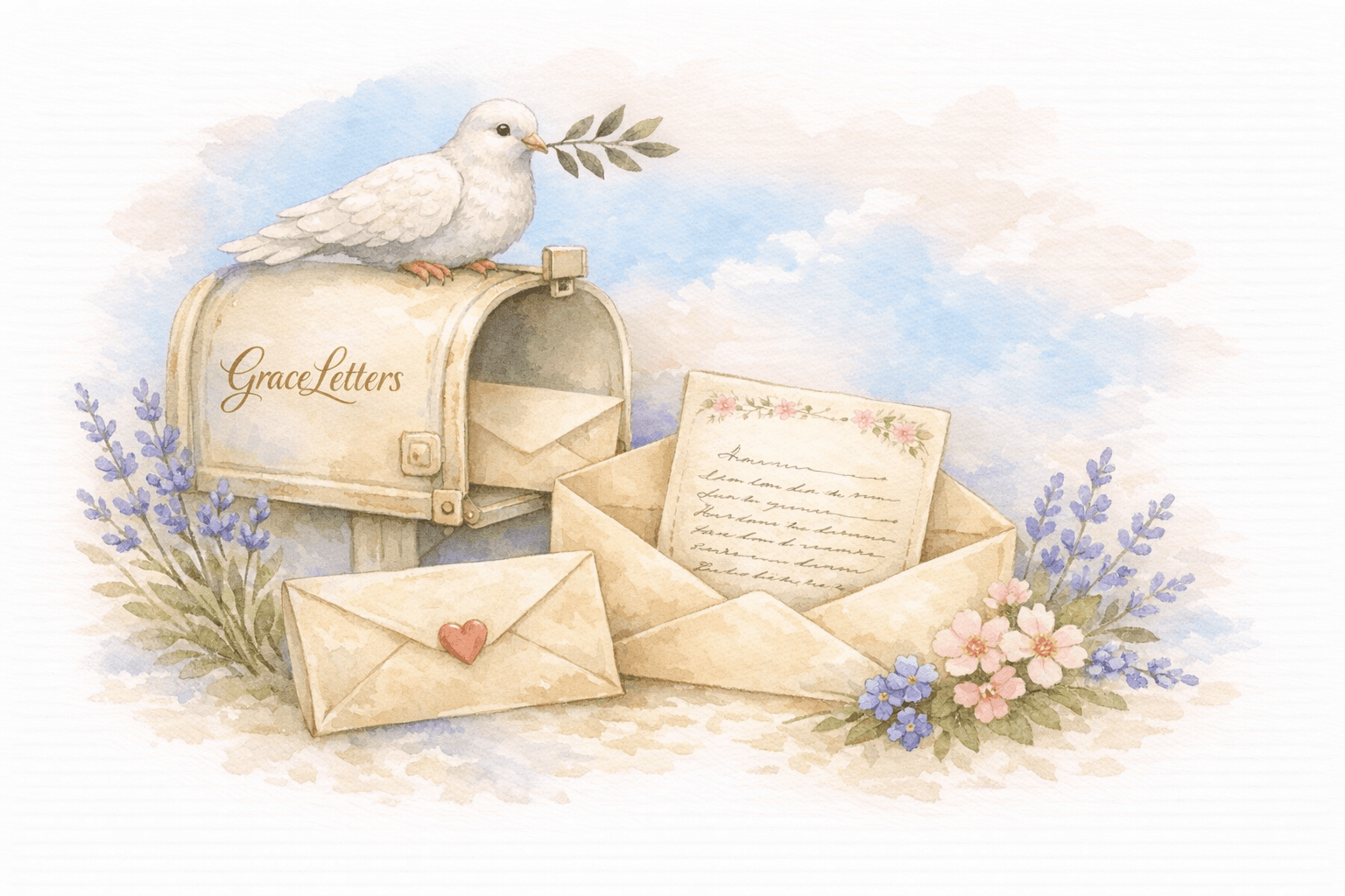 GraceLetters mailbox with white dove, handwritten letters, and pastel flowers